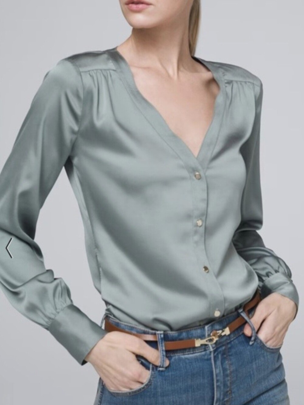White House Black Market Sage Color Button-Front V-Neck Blouse